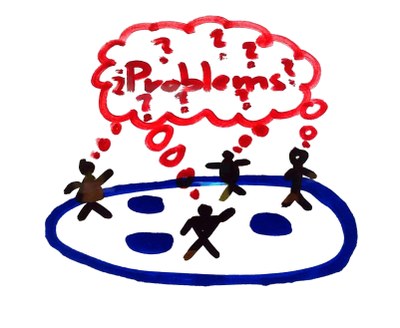 People standing on plone logo with think bubble containing word problems.