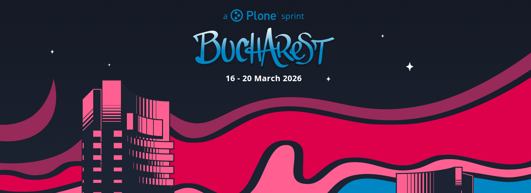 Bucharest Plone Sprint image with dates 16 - 20 March 2026