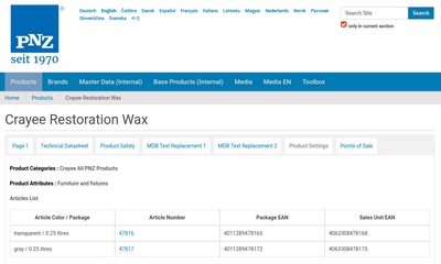 PNZ Product Settings Page